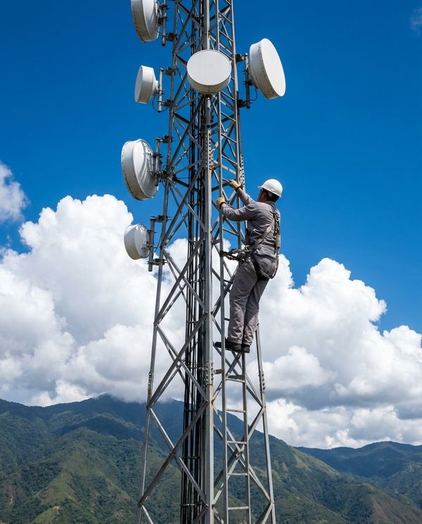 Ilustración: técnico trabajando en una torre de telecomunicaciones